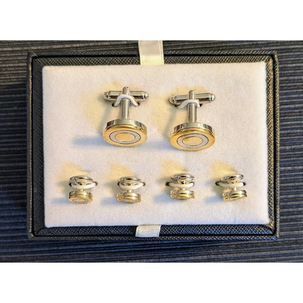Jos A Bank Tuxedo Cufflink Stud Set Gold & Silver Circle Design French Cuffs